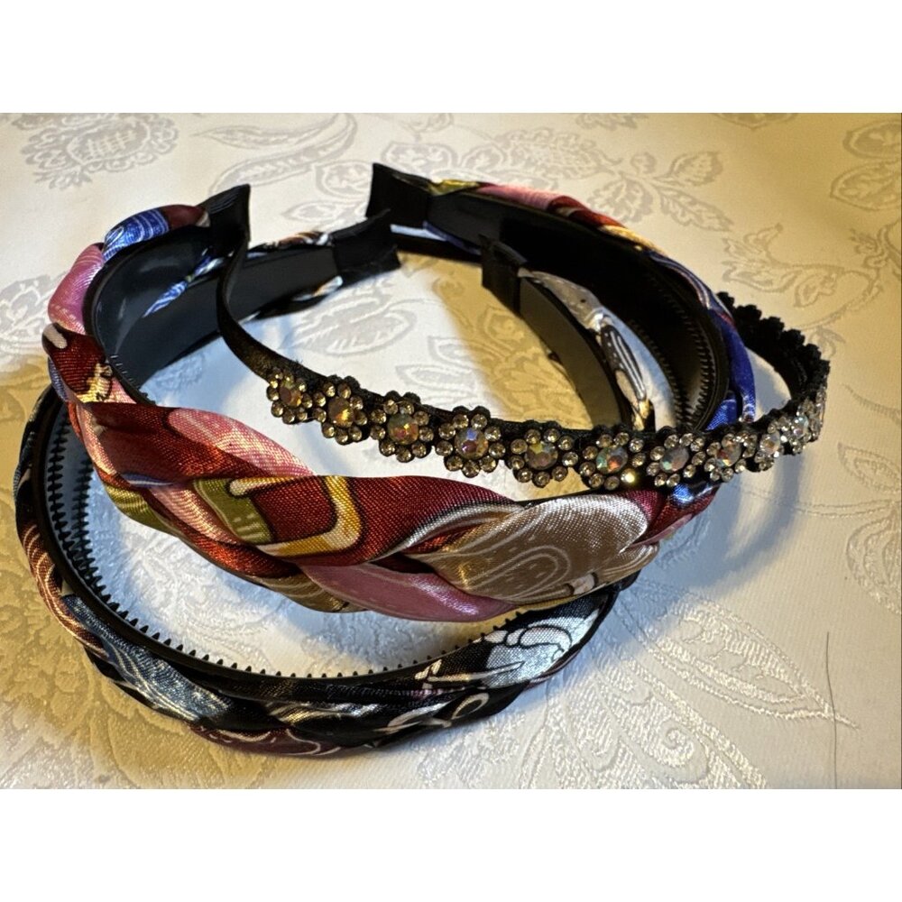 3 PC Hair Accessories Bundle Lot Headband Braided Satin & Thin Rhinestone NEW